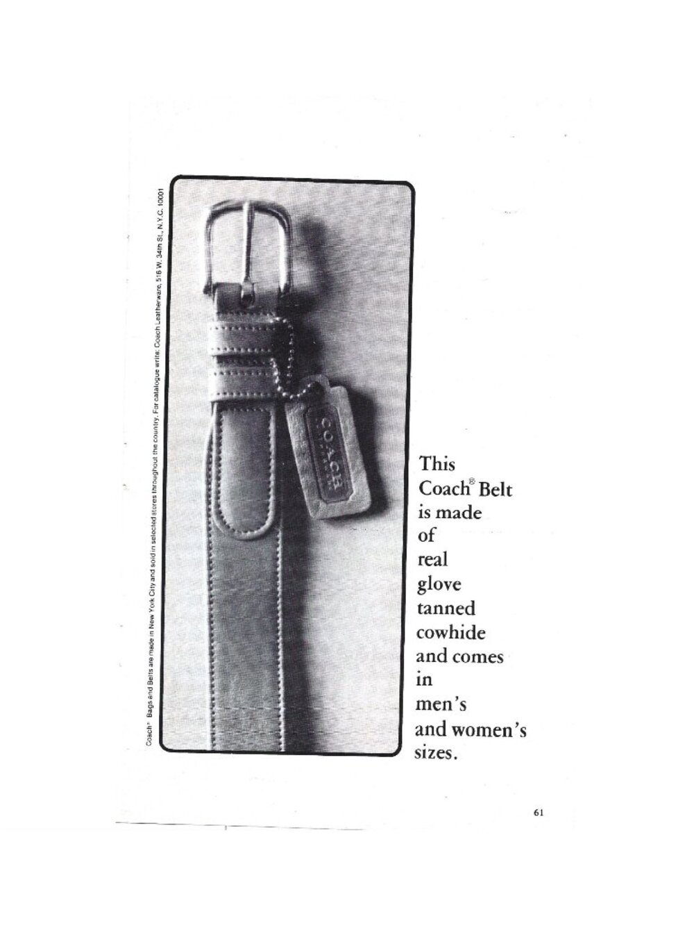 Print Ad Coach Leather Belt Fashion ADVERTISEMENT Vintage 1979 AD